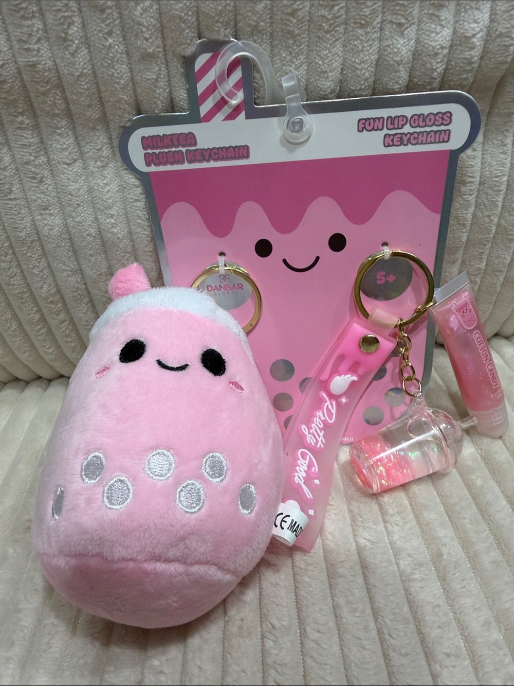 Pink Plush Bubble Tea Keychain & Lip Gloss Set